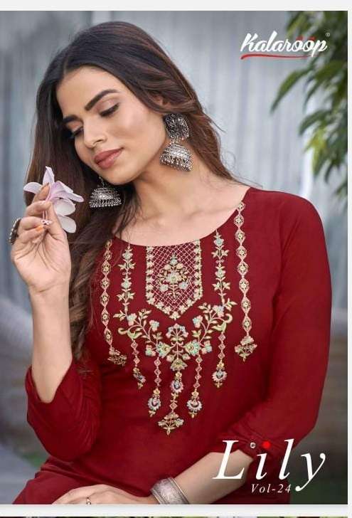 LILY VOL-24 BY KALAROOP 13001 TO 13006 SERIES HEAVY RAYON EMBROIDERY KURTIS