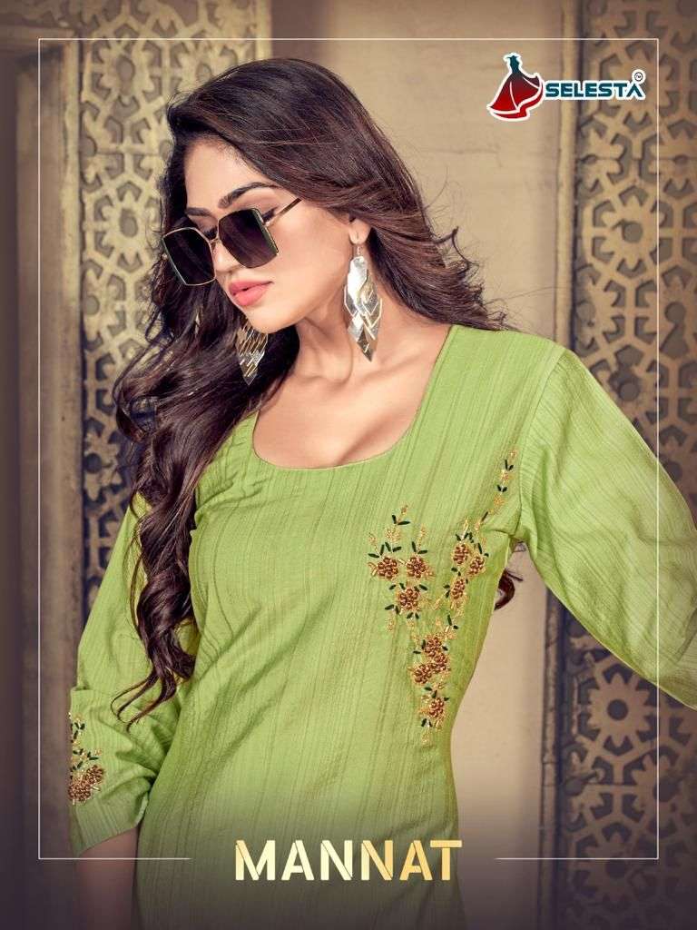 MANNAT BY SELESTA 1001 TO 1005 SERIES VISCOSE EMBROIDERY WORK KURTIS