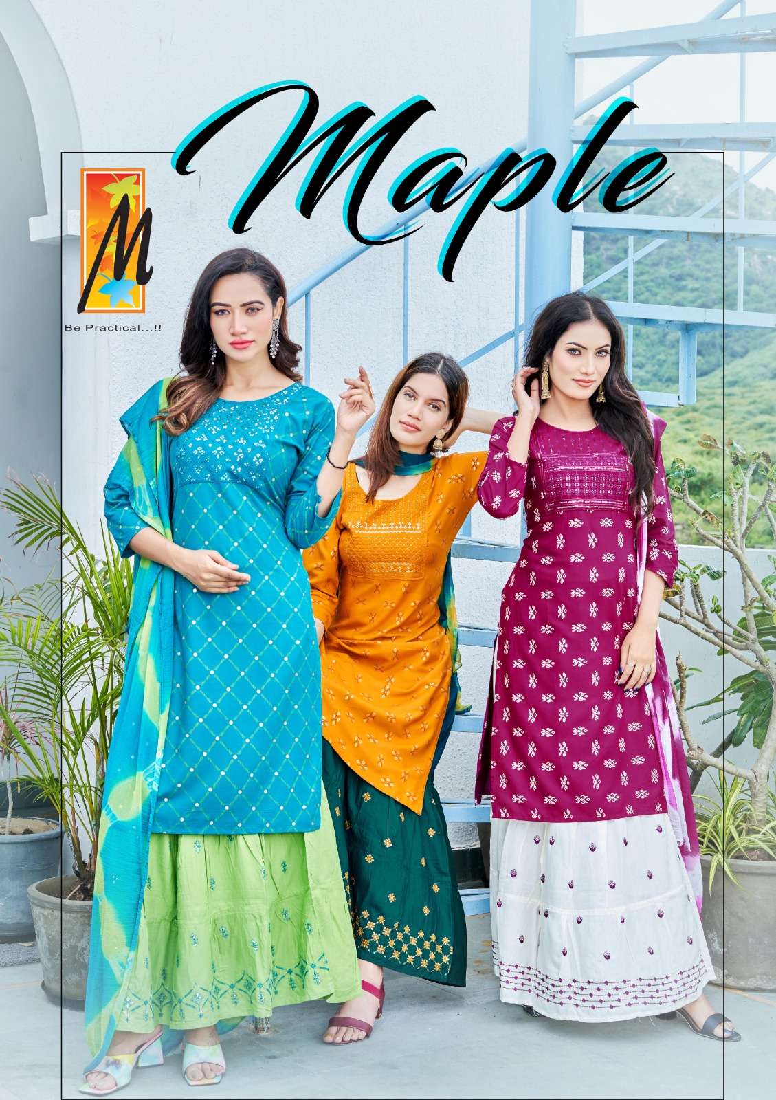 MAPLE BY MASTER 1001 TO 1008 SERIES RAYON EMBRODIERY KURTI DUPATTA AND SKIRTS