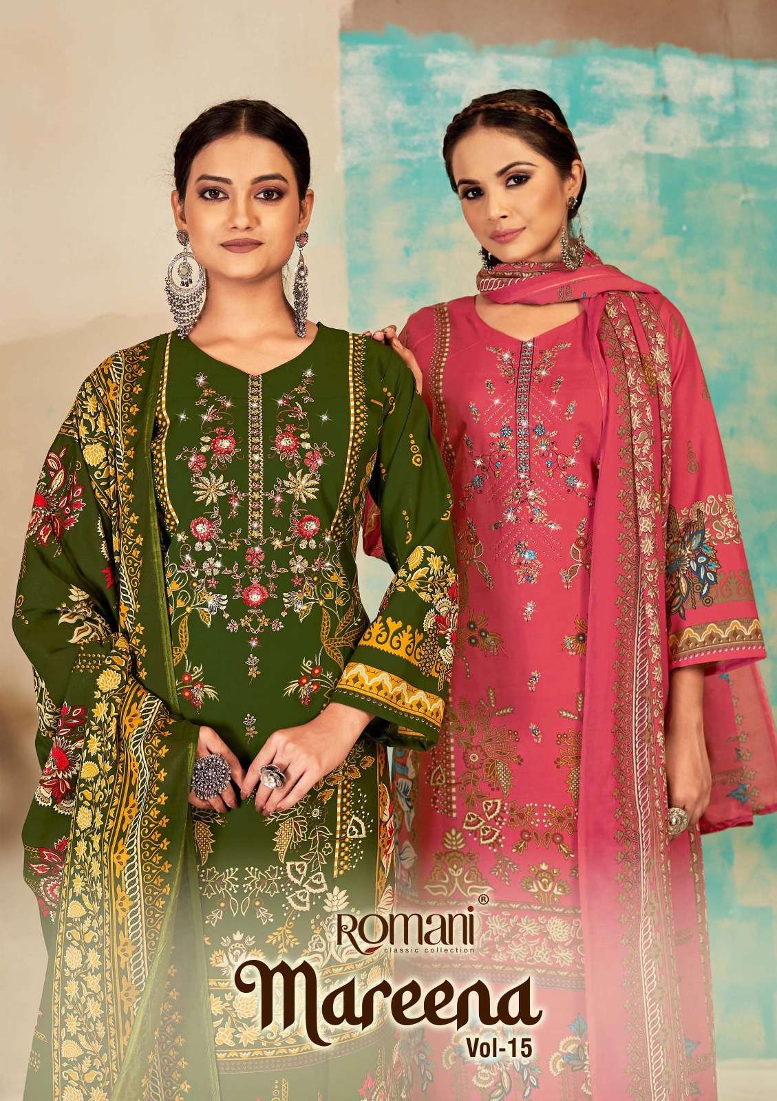 MAREENA VOL-15 BY ROMANI 1079-001 TO 1079-010 SERIES COTTON PRINT EMBROIDERY DRESSES