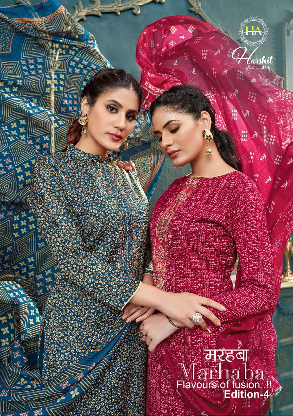 MARHABA VOL-4 BY HARSHIT 1306-001 TO 1306-010 SERIES COTTON EMBROIDERY WORK DRESSES