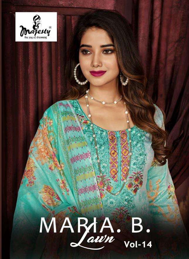 MARIA.B. LAWN VOL-14 BY MAJESTY 14001 TO 14006 SERIES COTTON EMBROIDERY WORK DRESSES