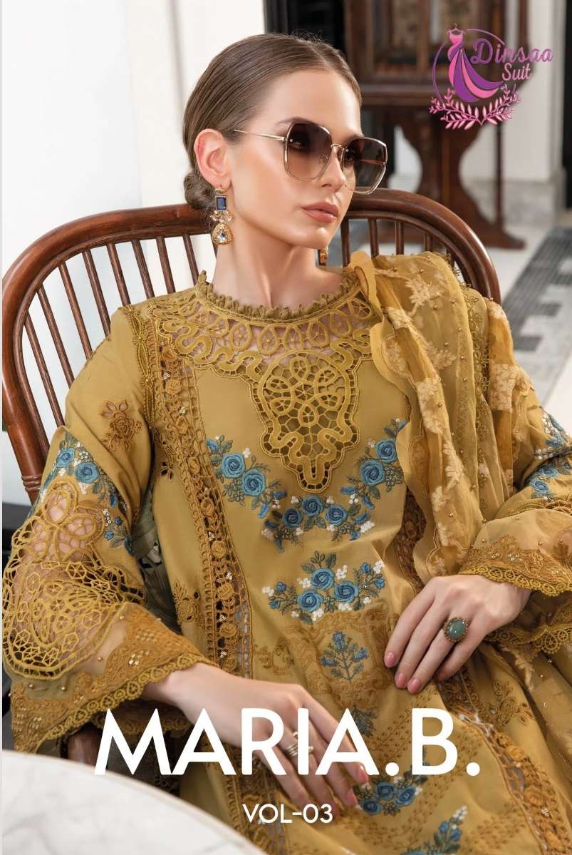 MARIA.B. VOL-3 BY DINSAA SUIT 208 TO 210 SERIES PURE COTTON EMBROIDERY PAKISTANI DRESSES