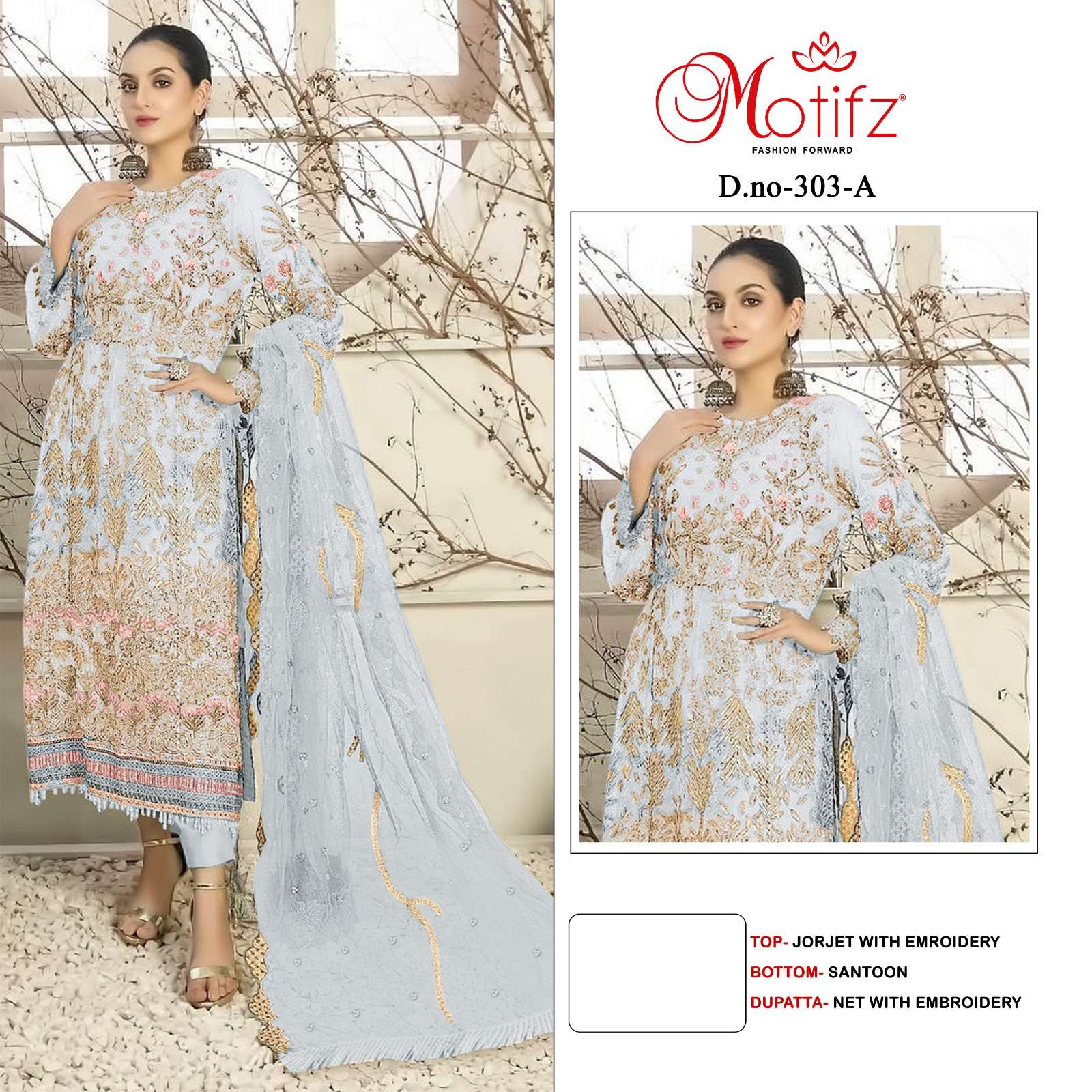 MOTIFZ 303-A TO 303-D SERIES BY MOTIFZ FASHION GEORGETTE EMBROIDERY PAKISTANI DRESSES