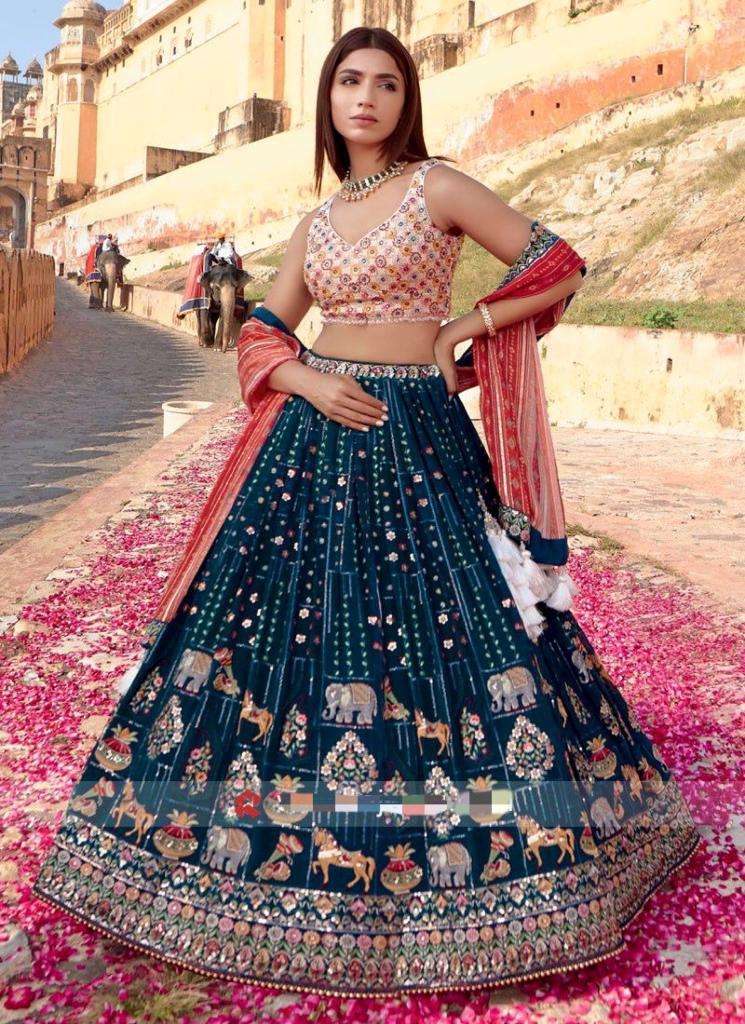 N-3049 HIT DESIGN BY AQSAWHOLESALE FAUX GEORGETTE SILK HEAVY WORK NAVRATRI LEHENGA