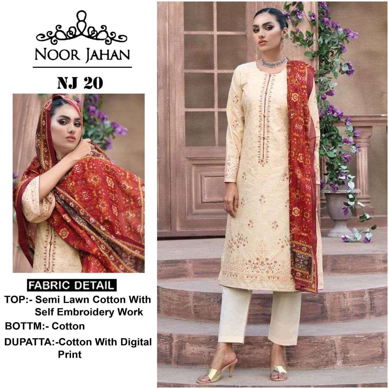 NJ-20 HIT DESIGN BY NOOR JAHAN SEMI LAWN COTTON EMBROIDERY PAKISTANI DRESS