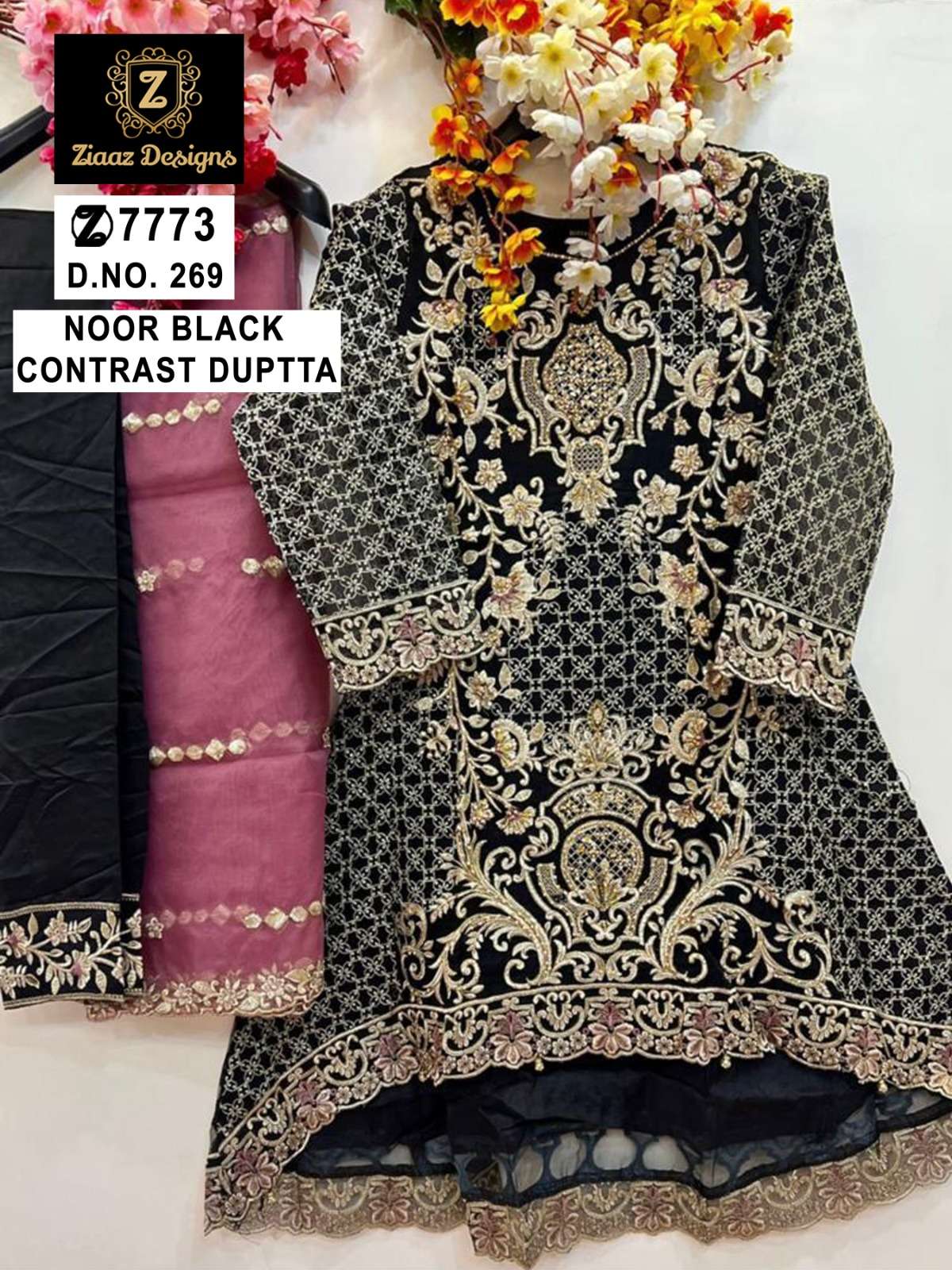 NOOR BLACK 269 BY ZIAAZ DESIGNS ORGANZA EMBROIDERY WORK PAKISTANI DRESS