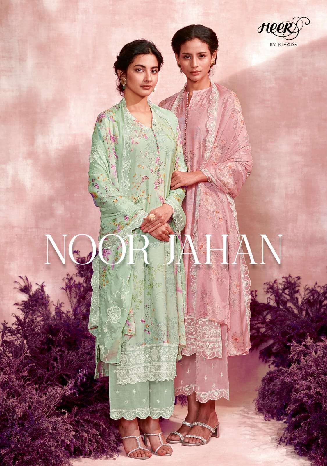 NOOR JAHAN BY HEER 9101 TO 9108 SERIES PURE MUSLIN PRINT EMBROIDERY WORK DRESSES