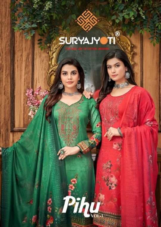 PIHU VOL-1 BY SURYAJYOTI 1001 TO 1008 SERIES JAAM SATIN EMBROIDERY WORK DRESSES