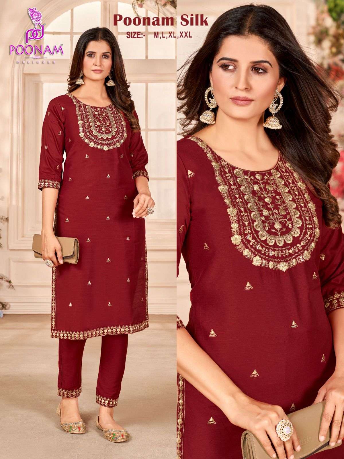 POONAM SILK BY POONAM DESIGNER COTTON SILK EMBROIDERY SEQUENCE WORK KURTI AND PANTS