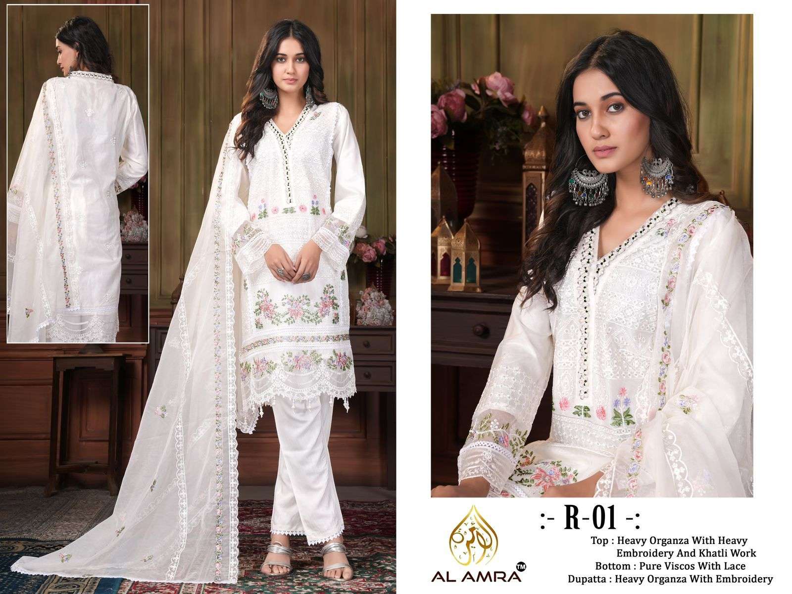 R-01 HIT DESIGN BY AL AMRA ORGANZA HEAVY EMBRODIERY PAKISTANI READYMADE DRESS