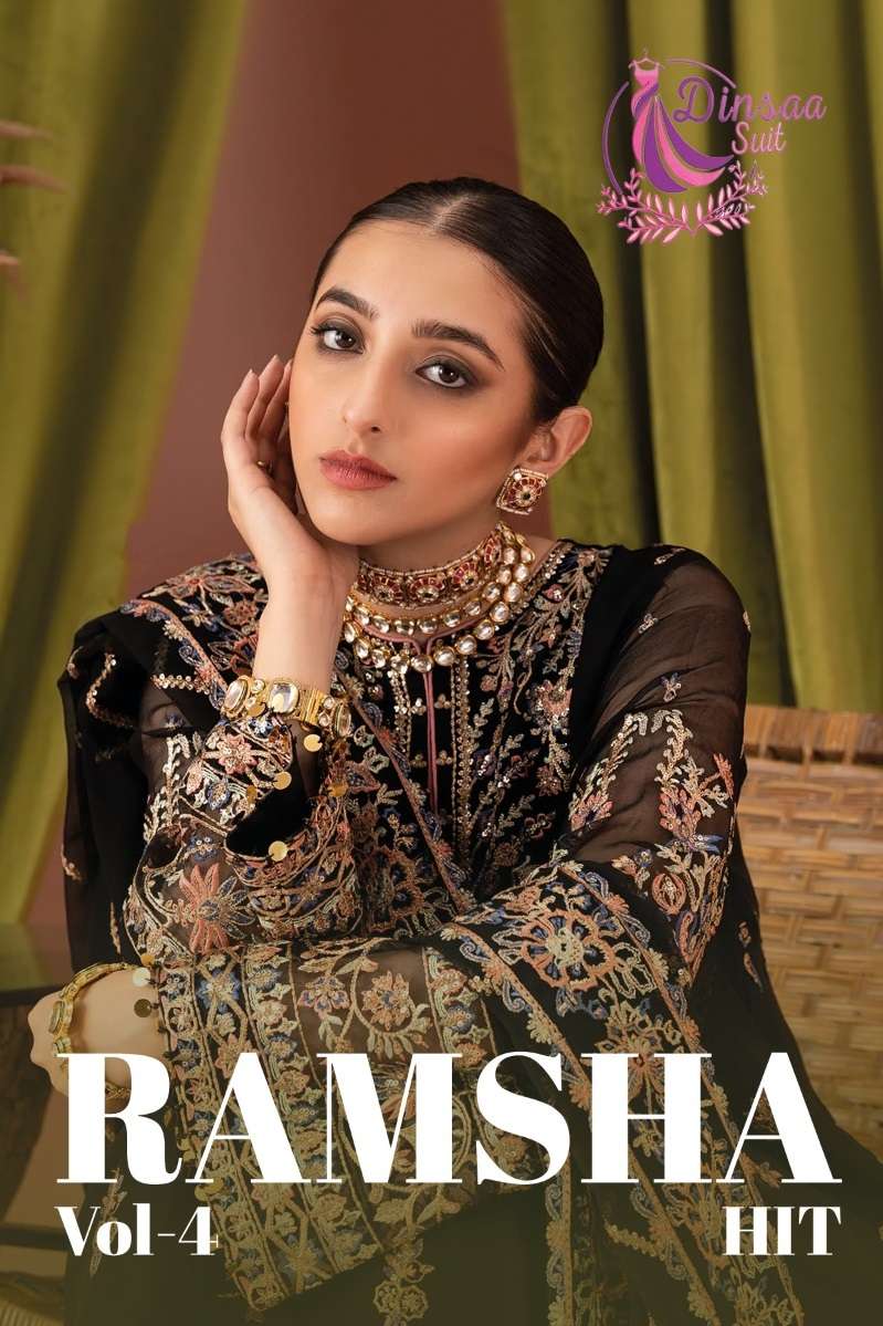 RAMSHA HIT VOL-4 BY DINSAA SUIT 213 TO 223 SERIES FAUX GEORGETTE WORK PAKISTANI DRESSES