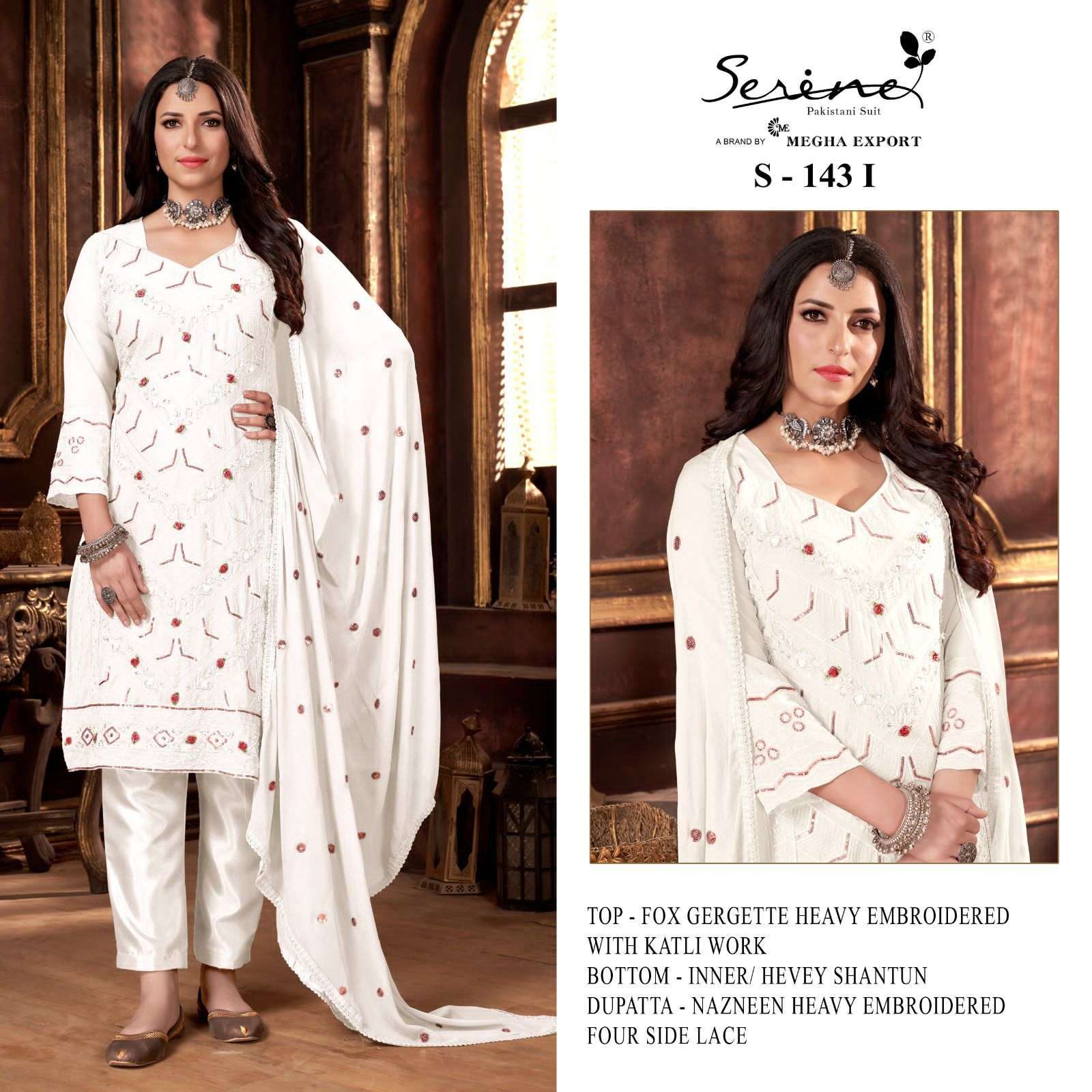 S-143 I AND J BY SERINE FAUX GEORGETTE KHATLI WORK PAKISTANI DRESSES