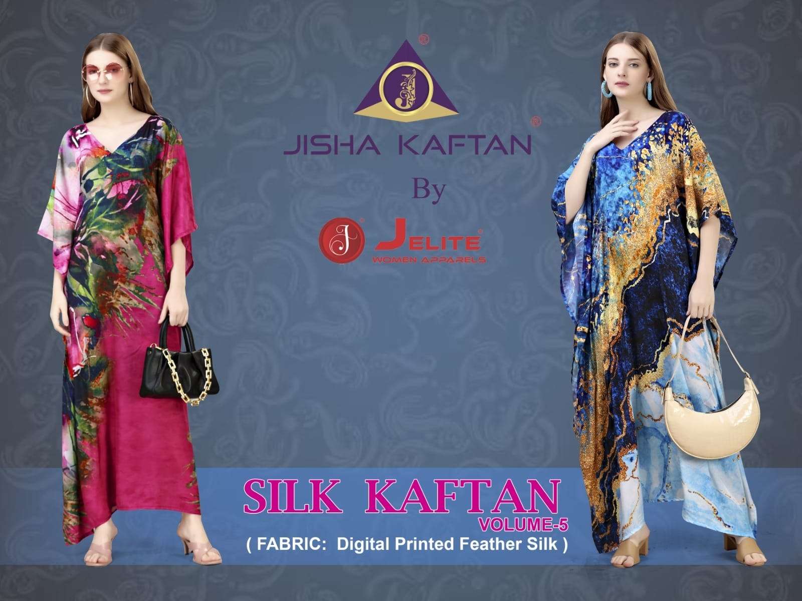 SILK KAFTAN VOL-5 BY JISHA KAFTAN 133 TO 140 SERIES FEATHER SILK PRINT WORK KAFTANS