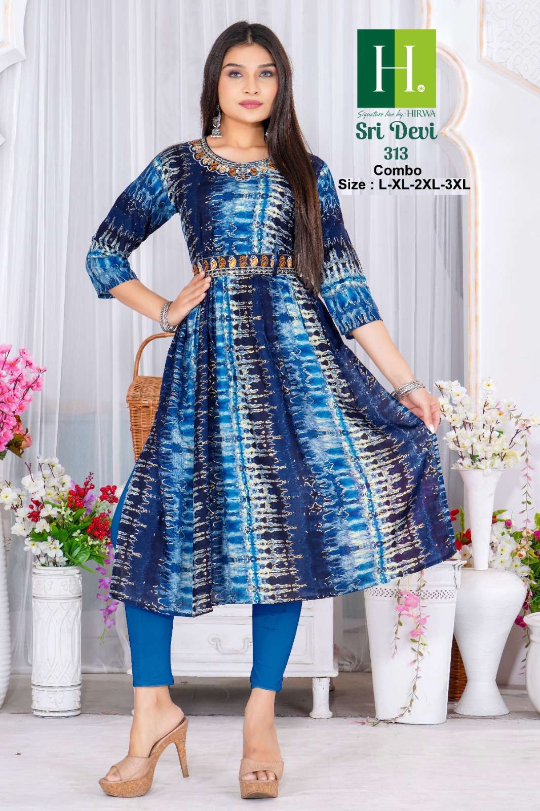 SRI DEVI BY H DOT 301 TO 320 SERIES RAYON PRINT EMBROIDERY WORK NAYRA KURTIS