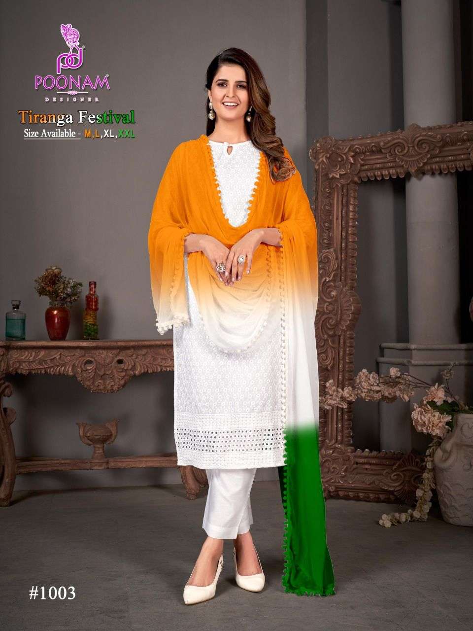 TIRANGA FESTIVAL BY POONAM DESIGNER 1001 TO 1006 SERIES RAYON CHIKANKARI READYMADE DRESSES