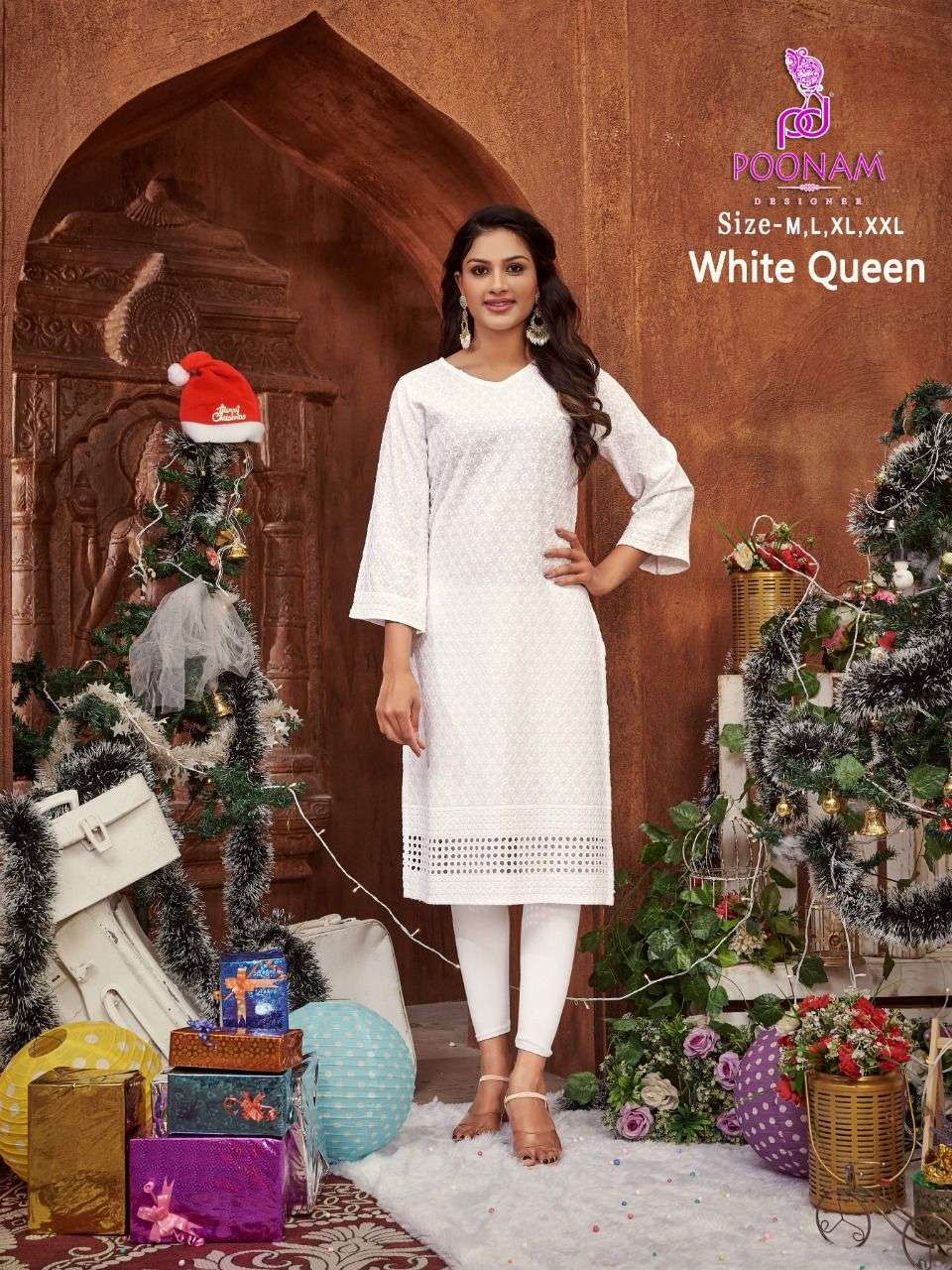 WHITE QUEEN BY POONAM DESIGNER 1001 TO 1006 SERIES RAYON CHICKEN WORK KURTIS