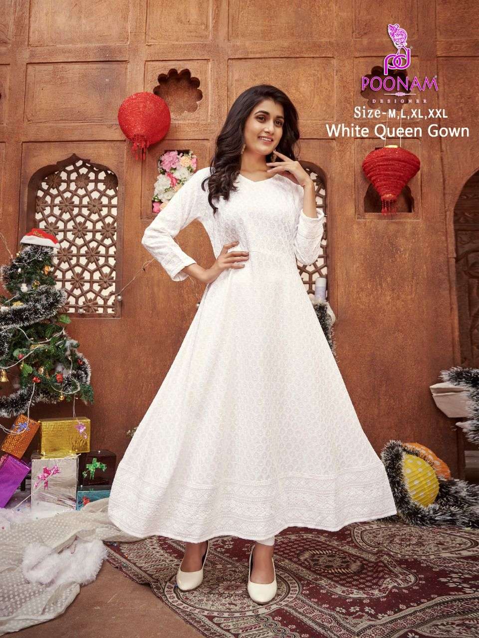 WHITE QUEEN GOWN BY POONAM DESIGNER 1001 TO 1006 RAYON WORK GOWNS