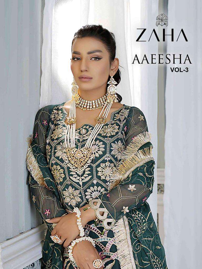 AAEESHA VOL-3 BY ZAHA 10154 TO 10157 SERIES GEORGETTE EMBROIDERY PAKISTANI DRESSES