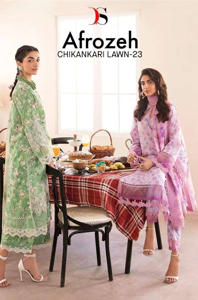 AFROZEH CHIKANKARI LAWN-23 BY DEEPSY SUITS 3381 TO 3388 SERIES COTTON PAKISTANI DRESSES