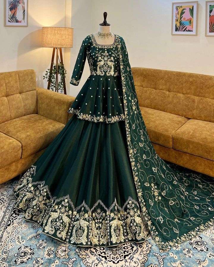 ALC-021 BY AQSAWHOLESALE TAFETA SILK EMBRODIERY WORK READYMADE LEHENGA