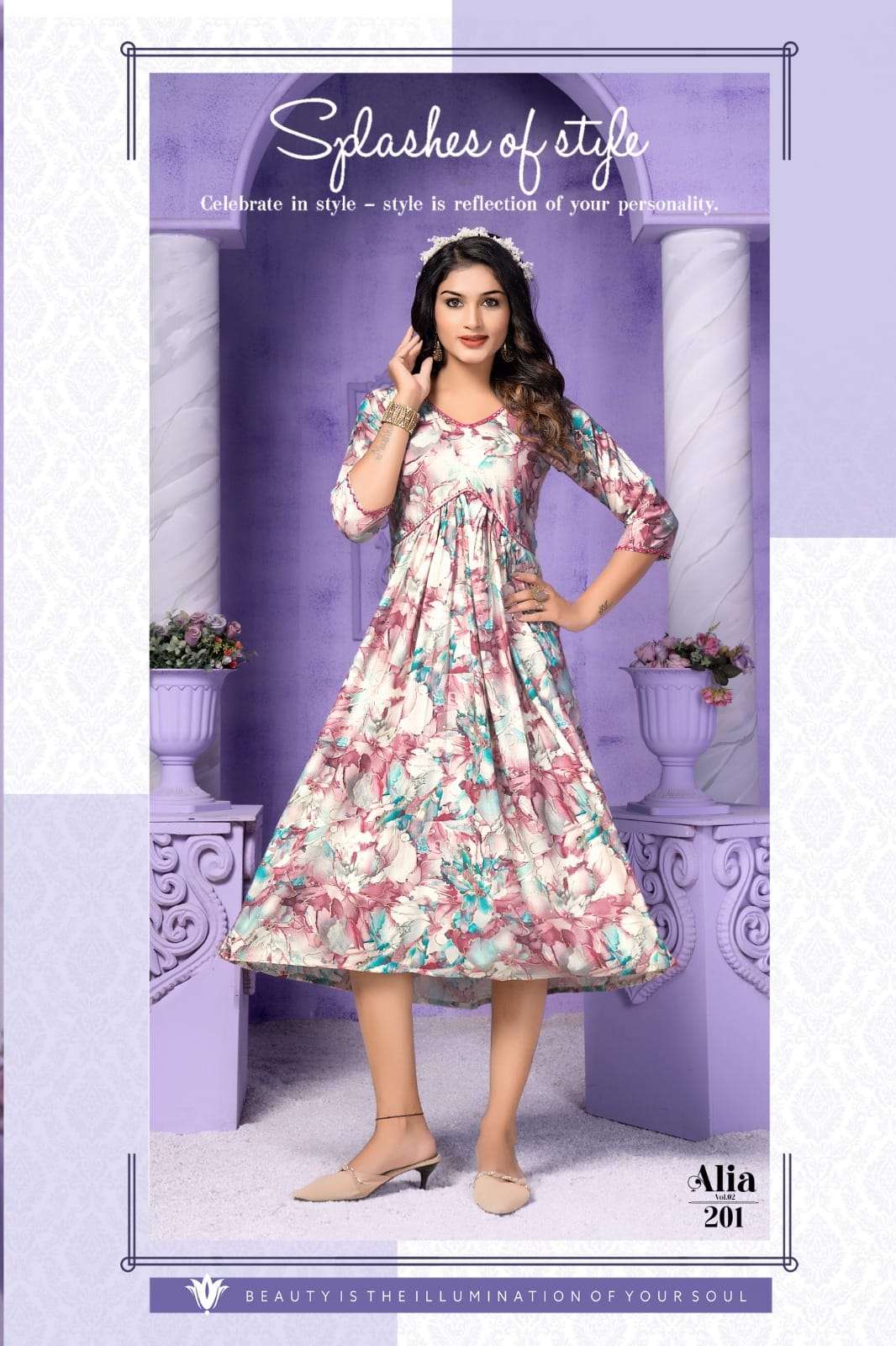 ALIA VOL-2 BY H DOT 201 TO 206 SERIES RAYON FOIL PRINT WORK KURTIS