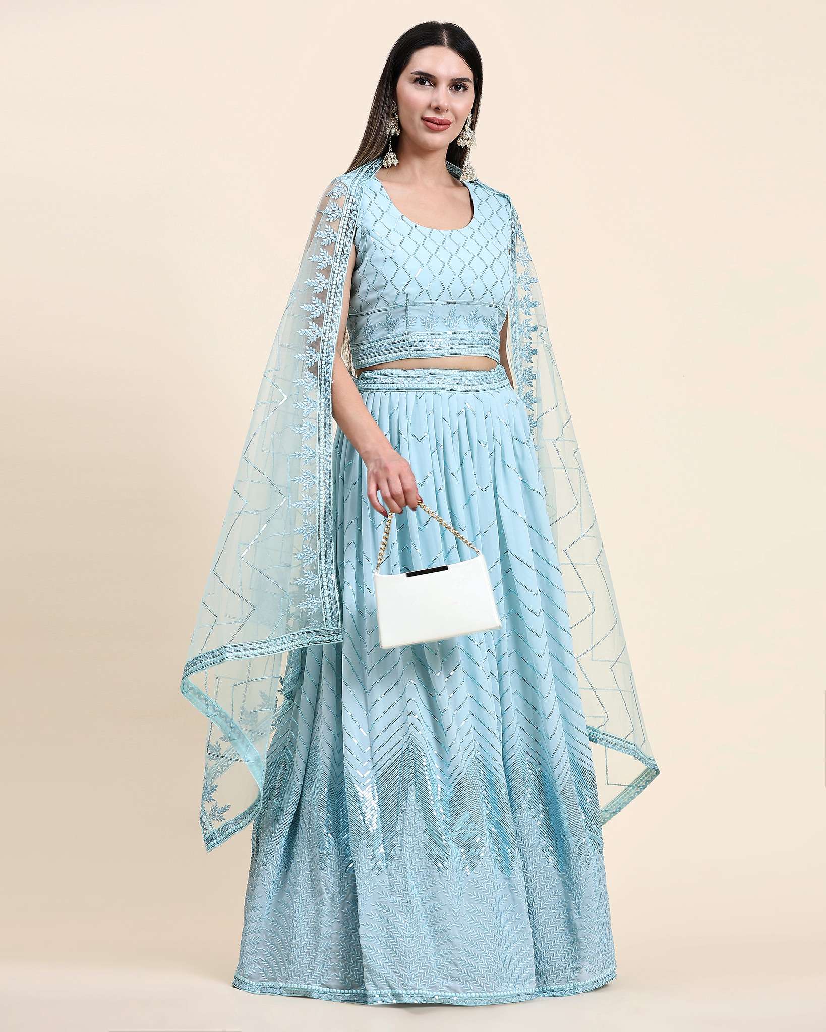 AT-1955 COLOURS BY AMOHA 1955-A TO 1955-C SERIES VISCOSE GEORGETTE WORK READYMADE LEHENGAS