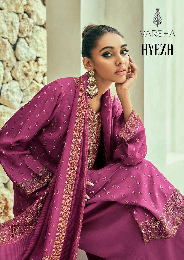 AYEZA BY VARSHA 01 TO 05 SERIES VISCOSE CREPE HAND WORK DESIGNER SUITS