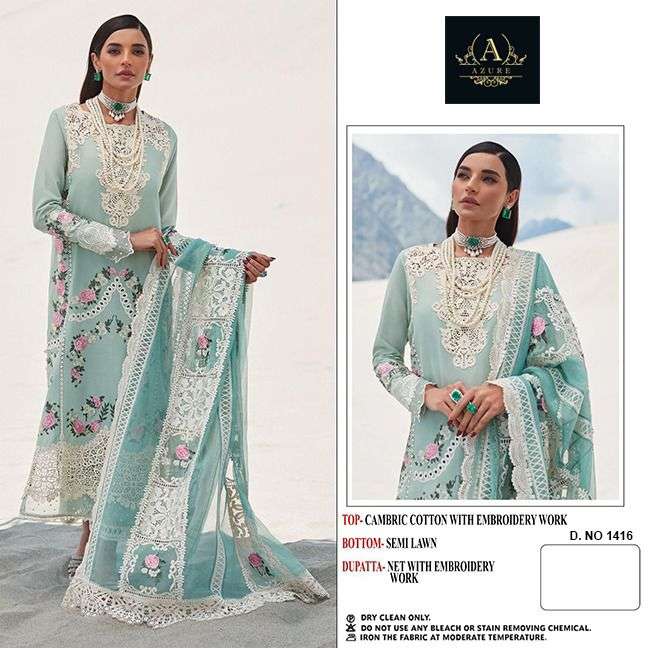 AZURE 1416 HIT DESIGN BY AQSAWHOLESALE CAMBRIC COTTON WORK PAKISTANI DRESS