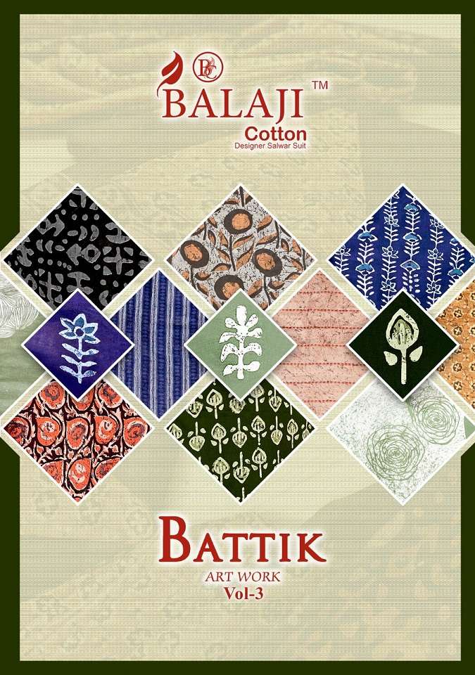 BATTIK ART WORK VOL-3 BY BALAJI COTTON 3001 TO 3012 SERIES COTTON READYMADE DRESSES