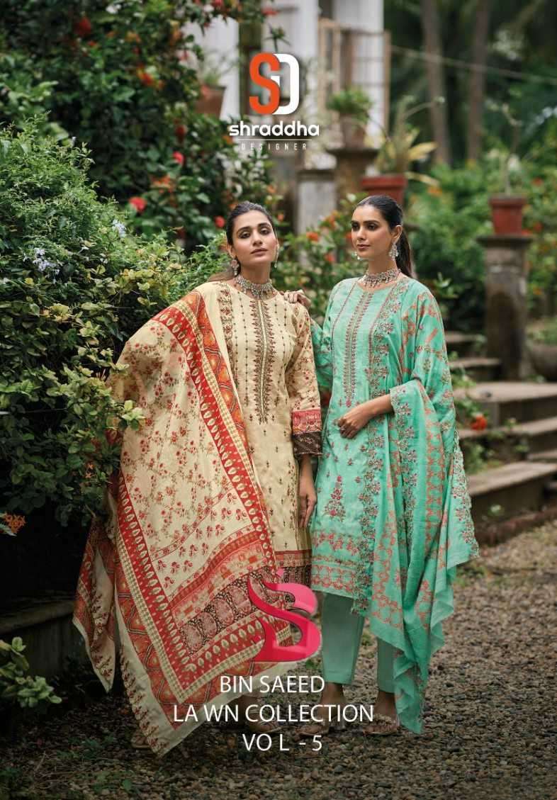 BIN SAEED LAWN COLLECTION VOL-5 BY SHRADDHA DESIGNER 5001 TO 5004 COTTON WORK DRESSES