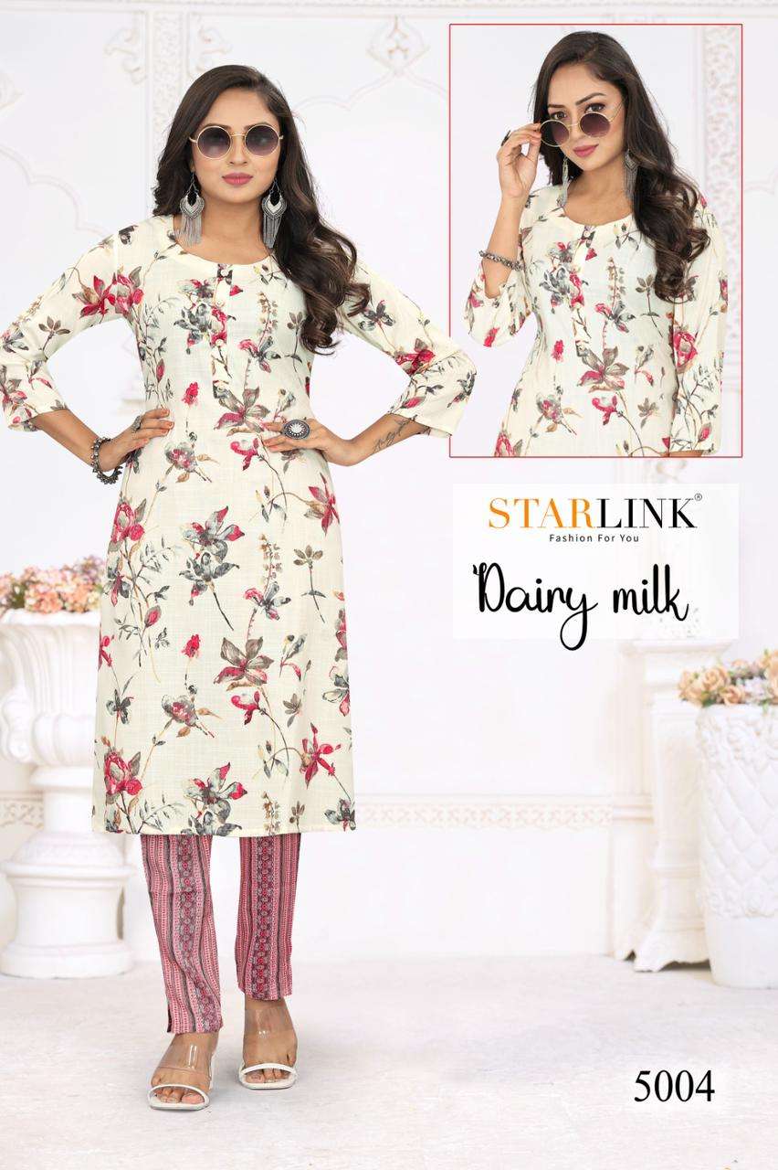 DAIRY MILK BY STARLINK 5001 TO 5025 SERIES RAYON FOIL PRINT WORK KURTI AND PANTS