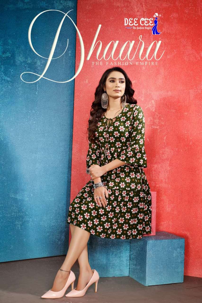 DHAARA BY DEE CEE 101 TO 106 SERIES RAYON WRINKLE PRINT SHORT KURTIS