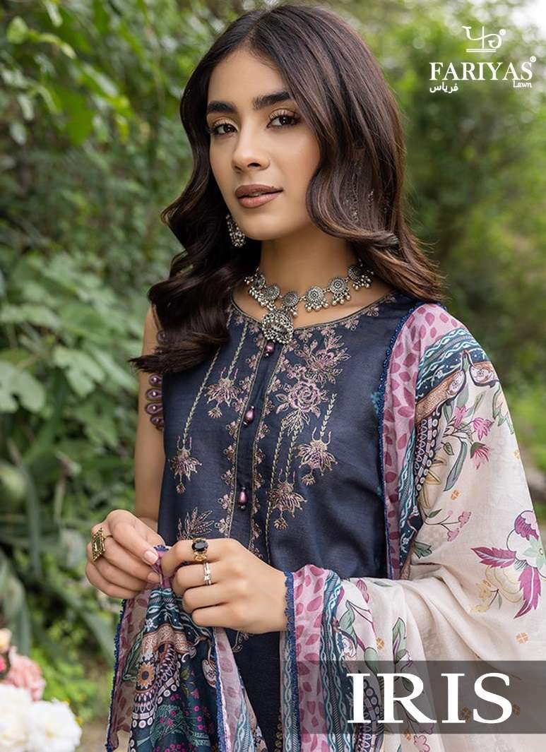 FARIYAS IRIS BY AQSAWHOLESALE 01 TO 05 SERIES CAMBRIC COTTON PRINT WORK DRESSES