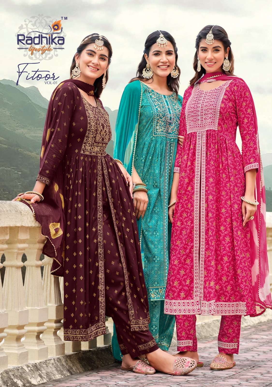 FITOOR VOL-1 BY RADHIKA LIFESTYLE 1001 TO 1007 SERIES RAYON ANARKALI READYMADE DRESSES