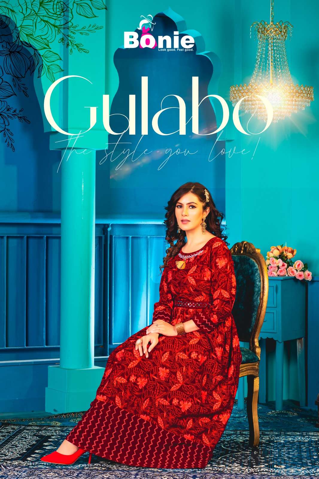 GULABO BY BONIE 101 TO 106 SERIES RAYON PRINT FANCY WORK LONG KURTIS