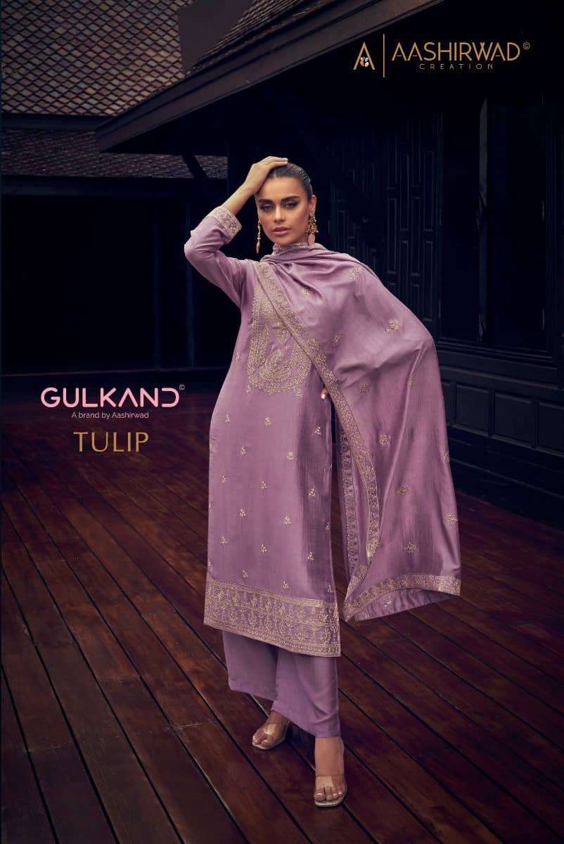 GULKAND TULIP BY AASHIRWAD CREATION 9733 TO 9738 SERIES PREMIUM SILK WORK DRESSES