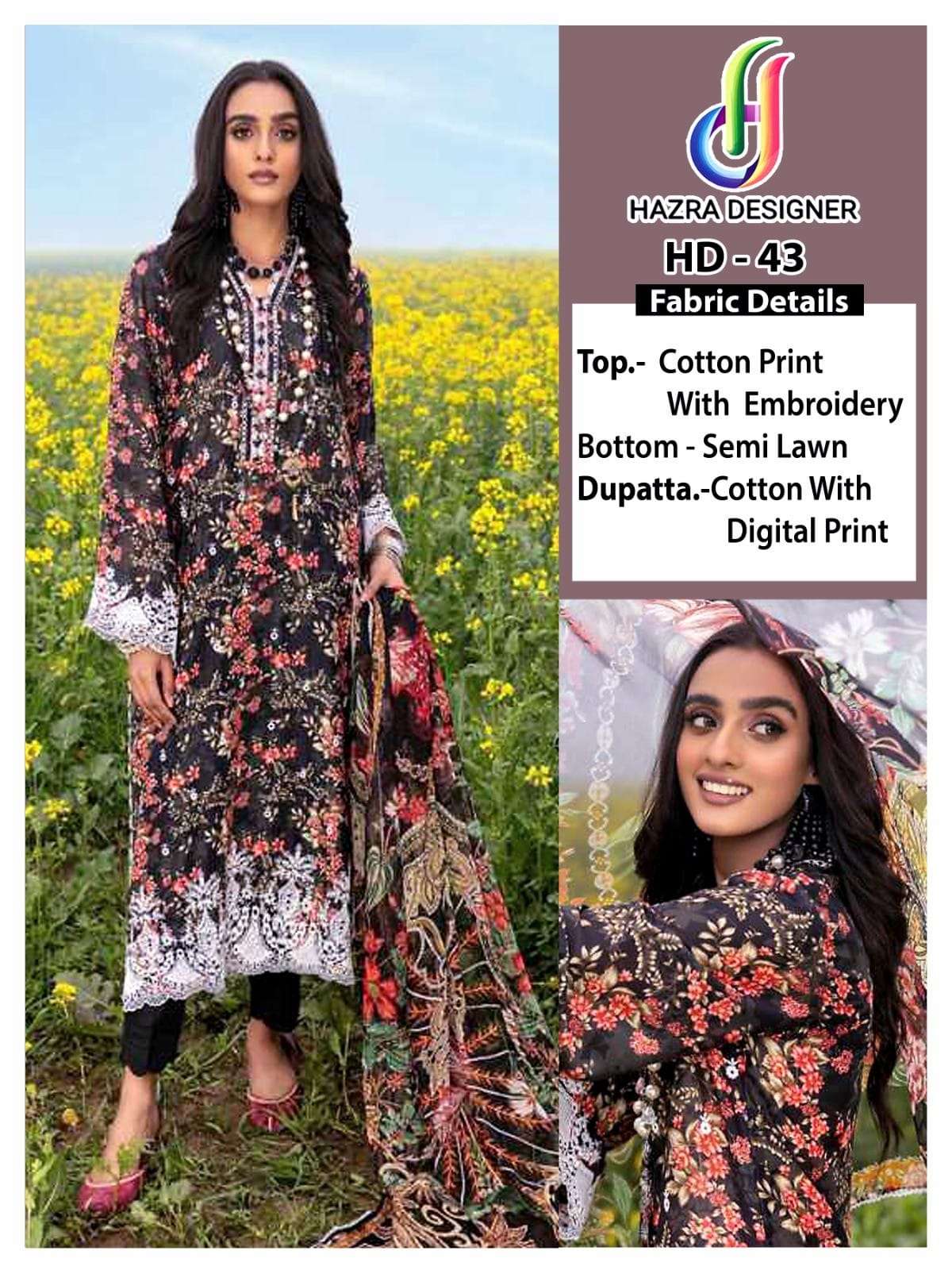 HD-43 HIT DESIGN BY HAZRA DESIGNER COTTON PRINT EMBROIDERY PAKISTANI DRESS