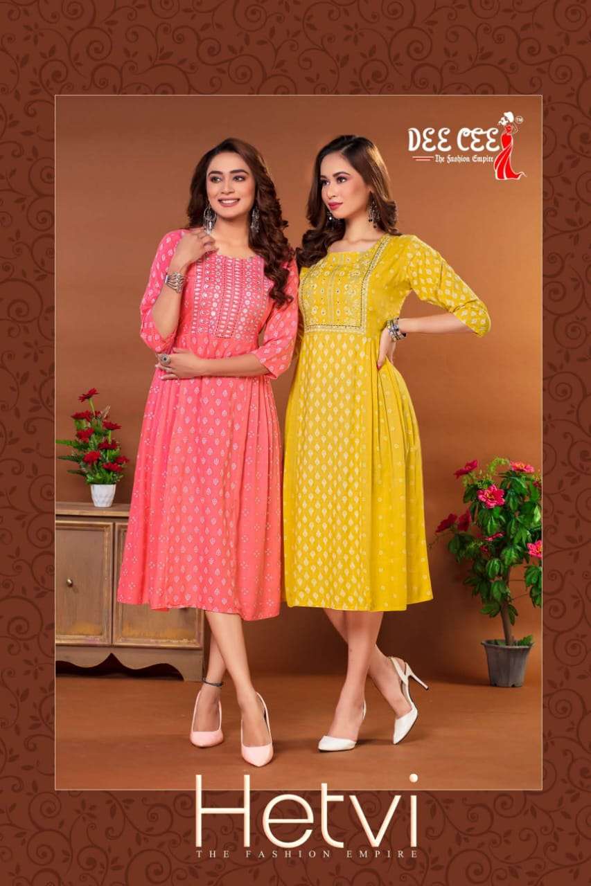 HETVI BY DEE CEE 101 TO 106 SERIES HEAVY RAYON PRINT WORK KURTIS