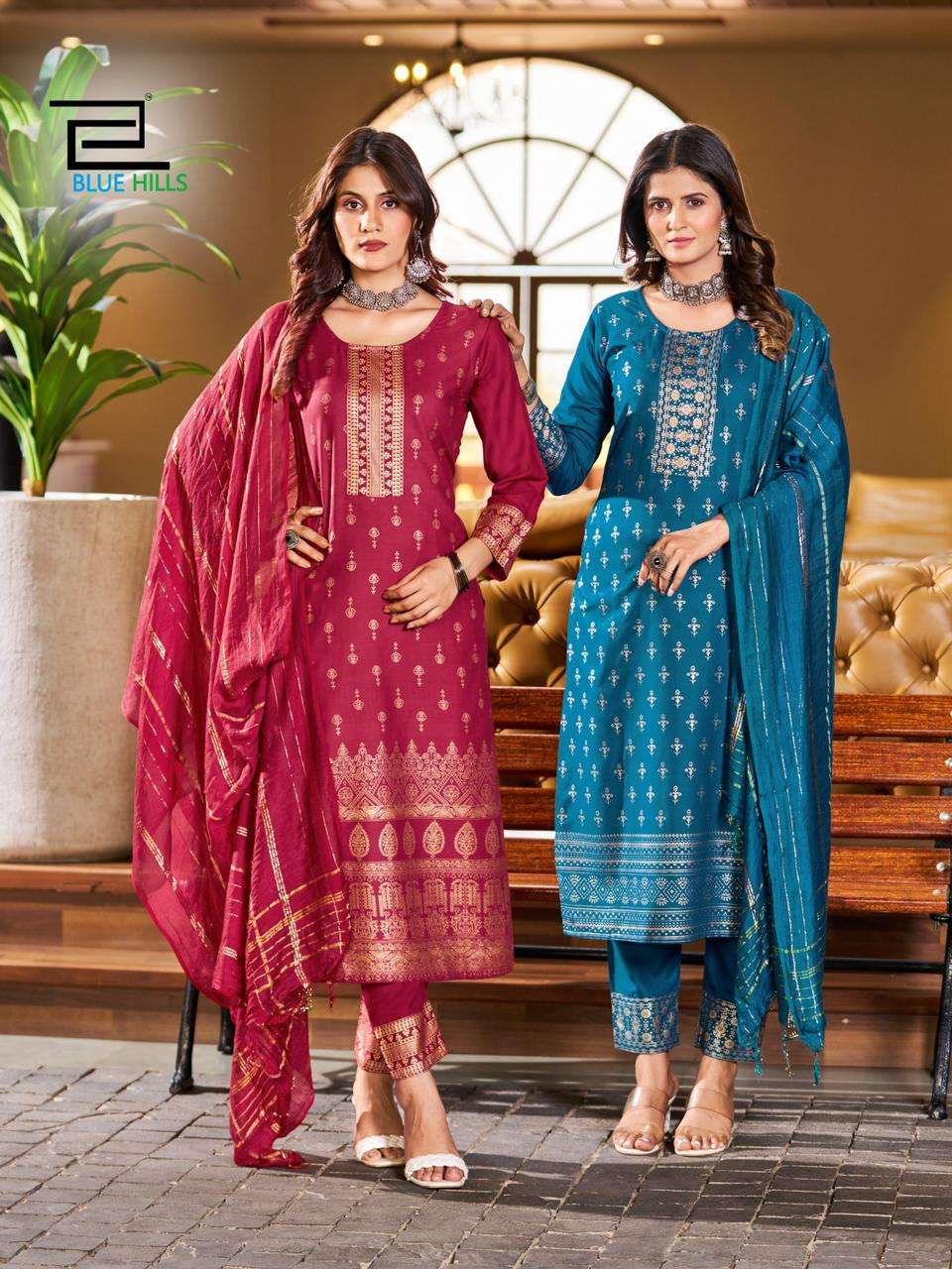 JASMINE VOL-2 B BLUE HILLS 3001 TO 3008 SERIES RAYON FOIL PRINT READYMADE DRESSES