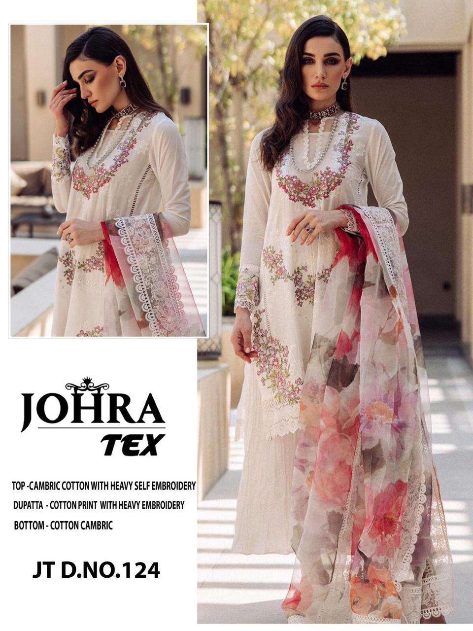 JT-124 HIT DESIGN BY JOHRA TEX CAMBRIC COTTON EMBROIDERY PAKISTANI DRESS