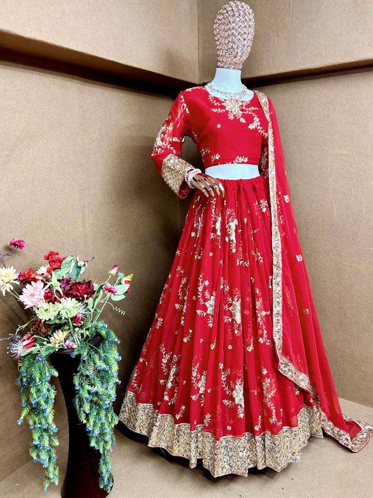 KA-3029 BY AQSAWHOLESALE FAUX GEORGETTE SILK FANCY EMBROIDERY WORK LEHENGA