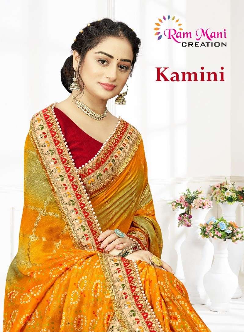 KAMINI BY RAM MANI 1001 TO 1008 SERIES BANDHANI PRINT EMBROIDERY WORK SAREES