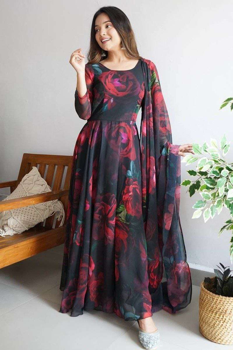 KB-BLACK FLOWER BY AQSAWHOLESALE GEORGETTE PRINT GOWN AND DUPATTA