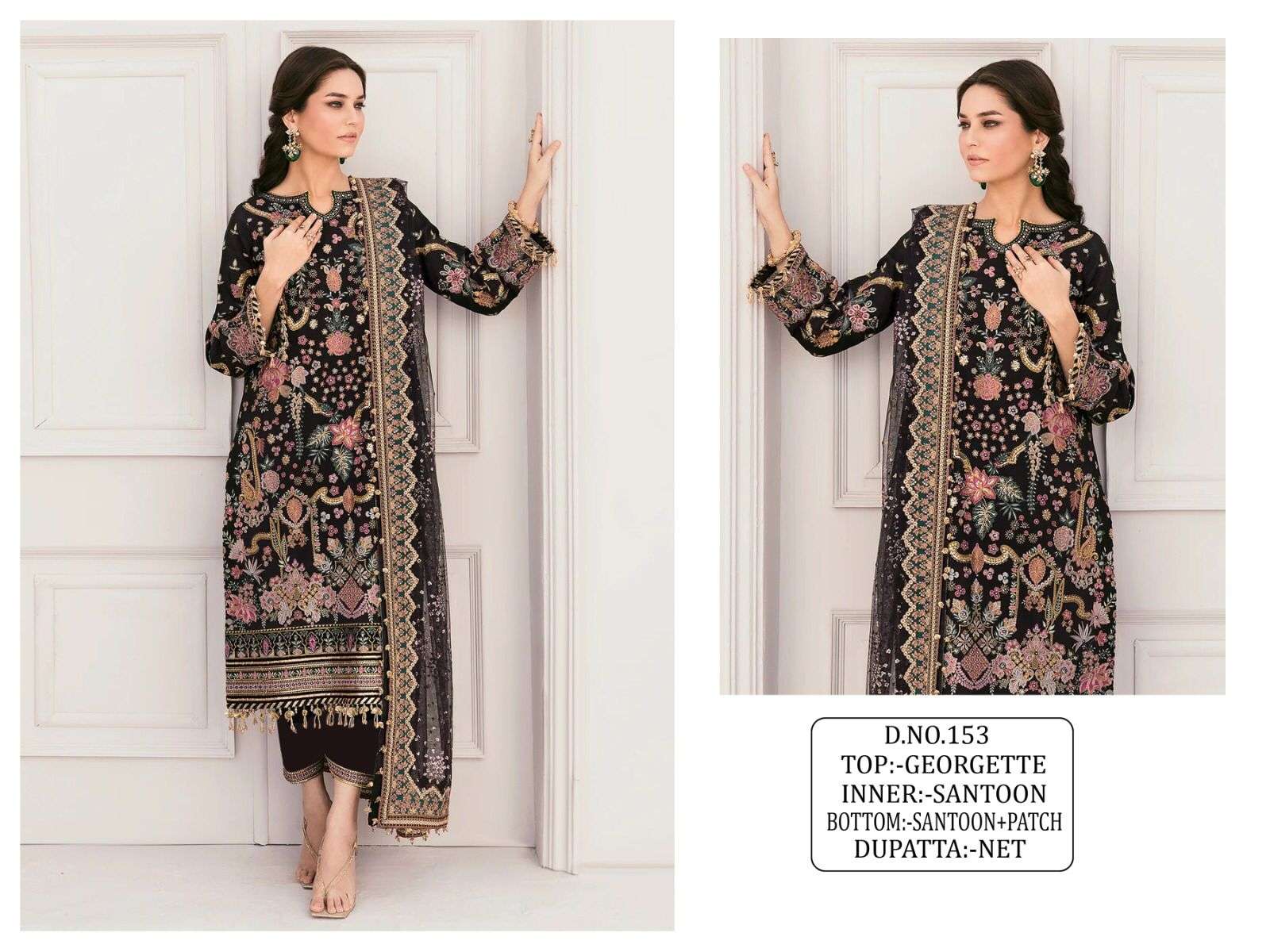 KF 153 COLOURS BY AQSAWHOLESALE 153-A TO 153-E SERIES GEORGETTE EMBROIDERY PAKISTANI DRESSES