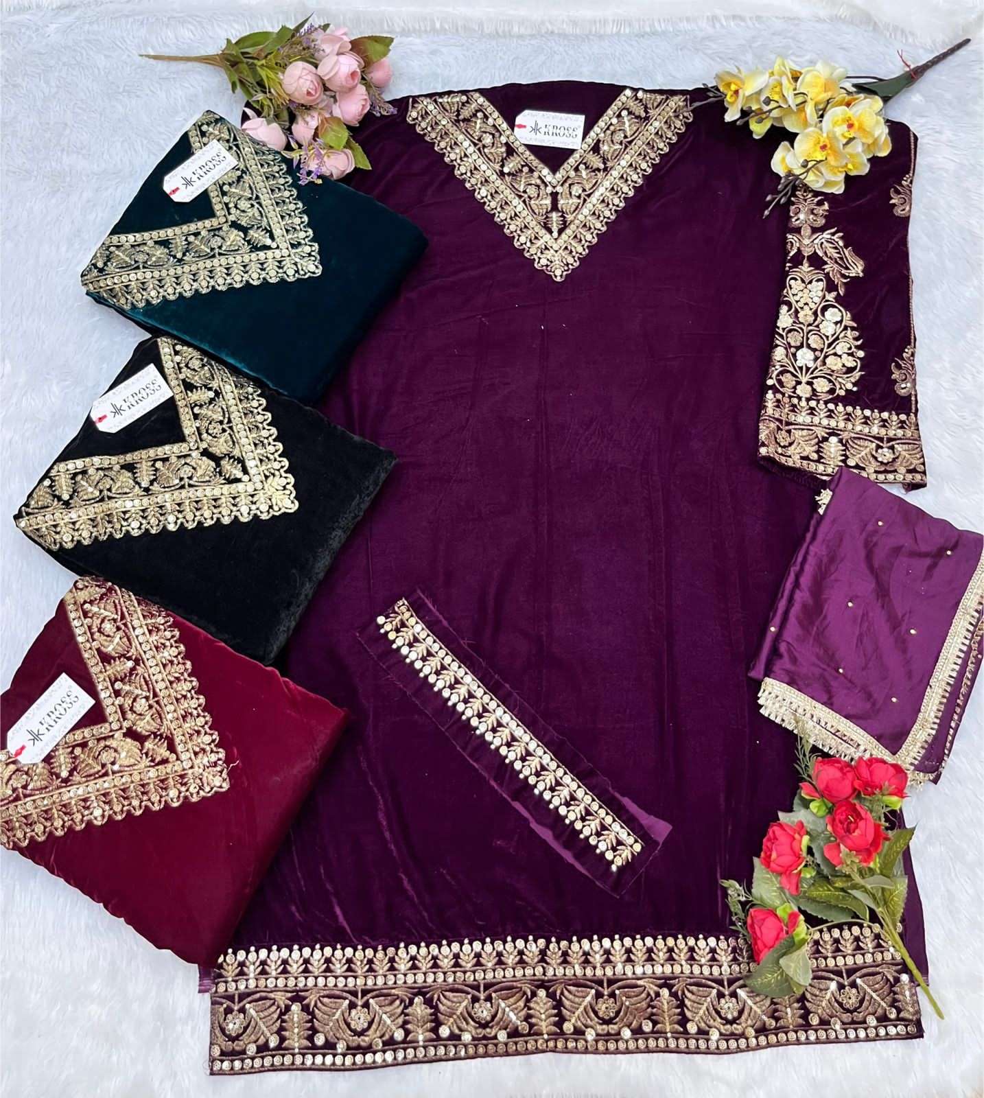 KK-56 COLOURS BY KROSS CULTURE 56-A TO 56-D SERIES VELVET EMBROIDERY PAKISTANI DRESSES