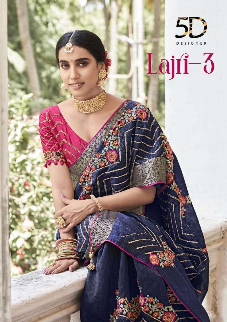 LAJRI VOL-3 BY 5D DESIGNER 12051 TO 12059 SERIES COTTON JACQUARD EMBROIDERY SAREES