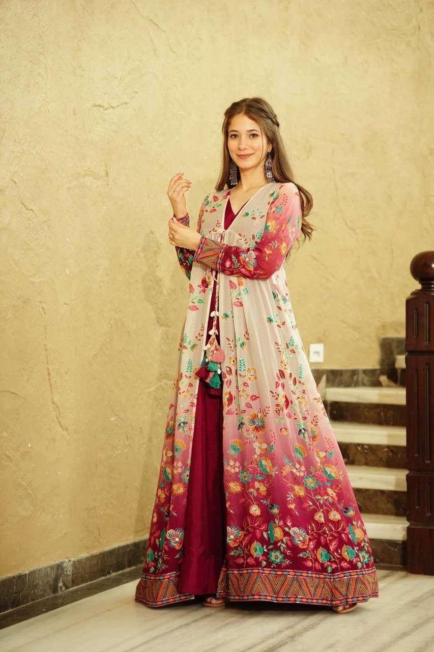 LC-1044 BY AQSAWHOLESALE HEAVY GEROGETTE EMBRODIERY WORK READYMADE GOWN