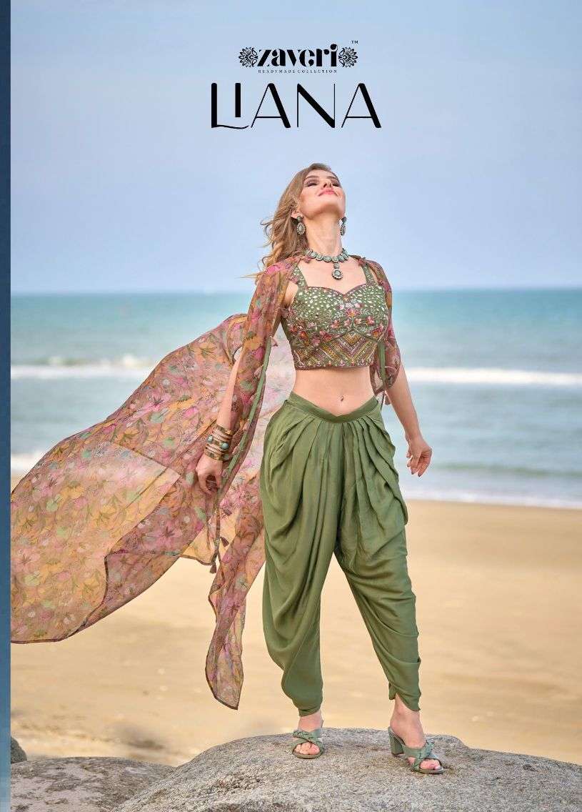 LIANA BY ZAVERI 1134 TO 1137 SERIES SATIN SILK EMBROIDERY WORK READYMADE SHRUG CO-ORD SET