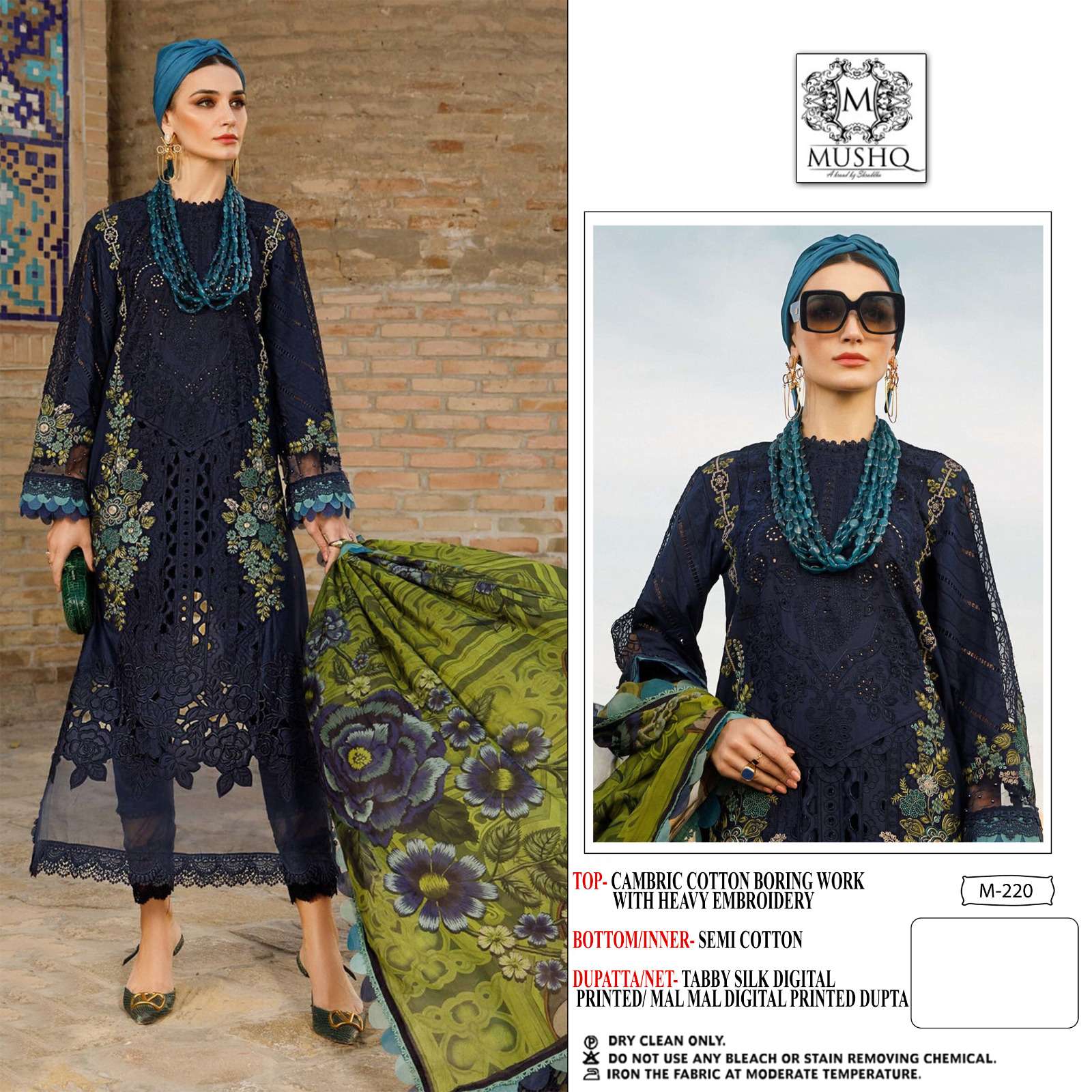 M-220 HIT DESIGN BY MUSHQ COTTON CHIKEN EMBROIDERY PAKISTANI DRESS